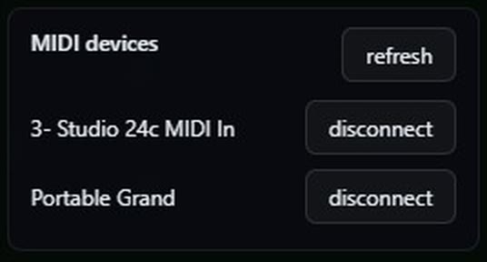 Xascada's MIDI devices panel listing two connected inputs, Studio 24c MIDI In and Portable Grand, each with a disconnect button