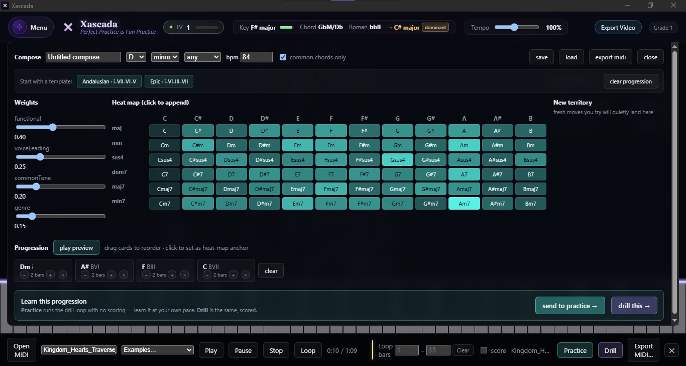 Xascada Compose — chord heat-map across every key, weight sliders for function, voice-leading, common-tone and genre, and a drag-to-reorder progression builder
