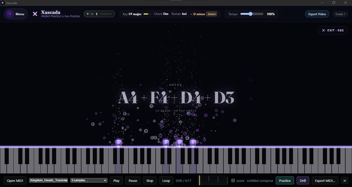Xascada Compose mode mid-performance — violet notes falling toward the keys over a 'press to begin' prompt