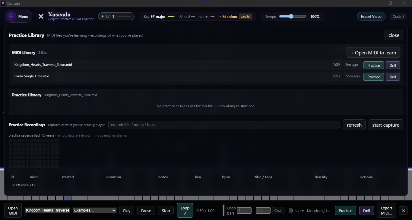 Xascada Practice Library — MIDI files you're learning alongside recordings of what you've played