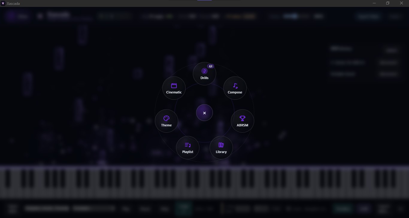 Xascada radial menu — Drills, Cinematic, Compose, ABRSM, Theme, Playlist and Library