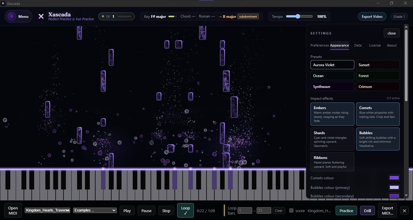Xascada Appearance settings — six colour presets including Aurora Violet, Ocean and Synthwave, plus impact-effect options